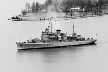 HNoMS Haakon VII (A537), a Royal Norwegian Navy training ship, off Washington, D.C. in 1970. The vessel formerly served as the USS Gardiners Bay (AVP-39) until 1958. Norwegian training ship KNM Haakon VII (A537) off Washington D.C. (USA), on 9 March 1970 (K-81807).jpg