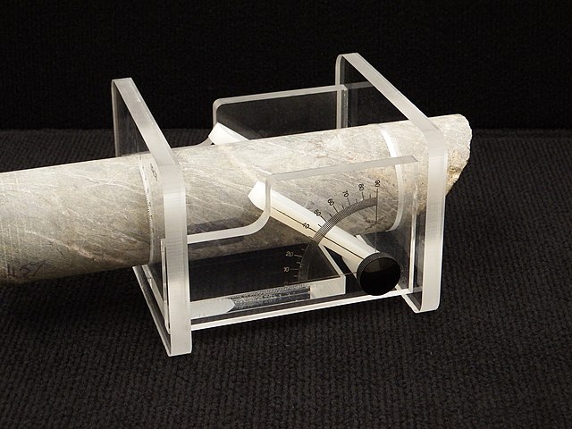 Goniometers are used to measure angles of fractures and other features in a core sample relative to its standard orientation.