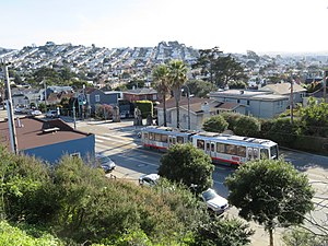 Outbound train at Ocean and Cerritos from Aptos Park, January 2018.JPG