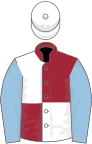 Maroon and white (quartered), light blue sleeves, white cap