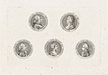 Penningen met portretten van Willem V, prins van Oranje-Nassau, Wilhelmina van Pruisen, Frederik, prins van Oranje-Nassau, Louise, prinses van Oranje-Nassau, en Willem I Frederik, koning der Nederlanden, RP-P-OB-104.850.jpg