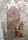 Fragment of a wall painting depicting a tower house with inhabitants (3rd century BC - 3rd century AD)