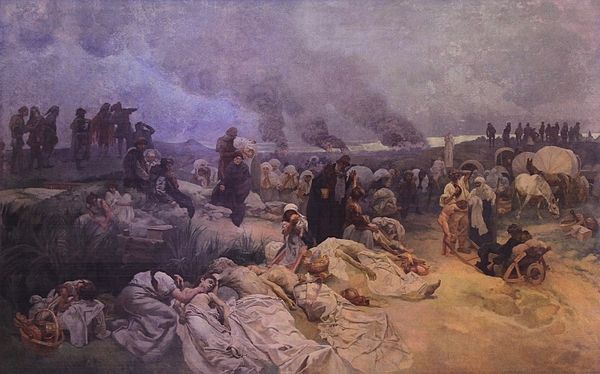 Painting of Chelčický instructing others to not repay evil with evil (1918, by Alphonse Mucha, The Slav Epic)