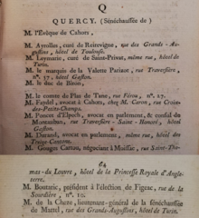 1789'da basılan ve mesleğe sahip milletvekillerinin adlarının listesini veren bir kitabın iki sayfasının kopyası