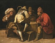 Soldiers gambling with dice label QS:Len,"Soldiers gambling with dice" label QS:Lpl,"Żołnierze grający w kości" label QS:Lnl,"Dobbelende soldaten" 1643. oil on panelmedium QS:P186,Q296955;P186,Q106857709,P518,Q861259. 36 × 47 cm (14.1 × 18.5 in). Private collection institution QS:P195,Q768717 .