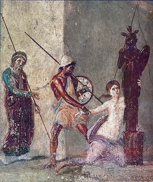 Scene from the Trojan War: Cassandra clings to the Palladium, the wooden cult image of Athene, while Ajax the Lesser is about to drag her away in fron