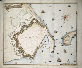 Map, c.1668, showing Portsmouth's fortifications, together with Fort Blockhouse on Gosport point and a defensive chain across the harbour entrance. Portsmouth RMG F1960.tiff