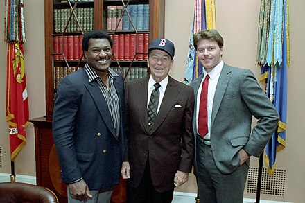 From left: Don Baylor, Ronald Reagan, and Roger Clemens