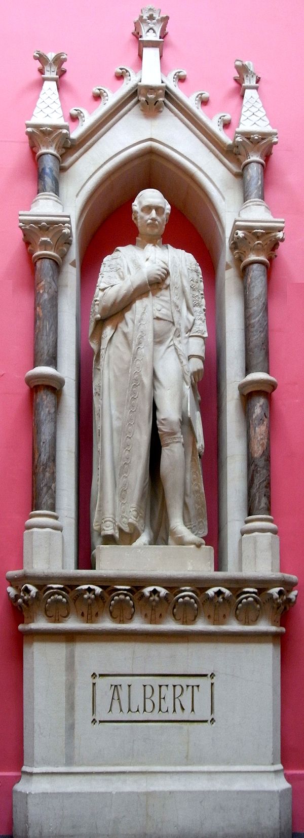 Prince Albert sculpted by Devon-born Edward Bowring Stephens (1815–1882), main staircase of Royal Albert Memorial Museum. Inscribed on base: "E B Step