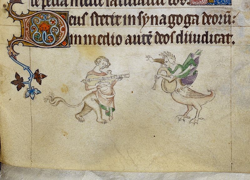 File:Queen Mary Psalter grotesques playing citole and horn.jpg