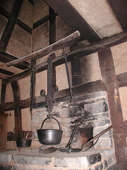 Hearth with cooking utensils