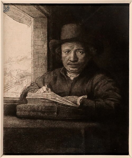 File:Rembrandt van rijn, autoritratto alla finestra, 1648, acquaforte, puntasecca e bulino, VI stato (gdsu).jpg