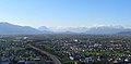 Rhine valley. View from Gebhardsberg southwards. in the foreground city of lauterach. background right Alpstock mountains with summit Säntis. In the center background the Glarner Alps