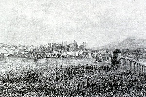 The wooden bridge and the Heilig Hüsli chapel on a steel engraving (1865), Rapperswil in the background