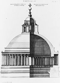 Gravura de dois tipos.  A vista esquerda mostra a vista externa da cúpula, a metade direita mostra a cúpula em corte.  A cúpula é construída na forma de uma concha sólida, cercada em sua base por uma colunata estendida.  A cúpula é coroada com uma lanterna em forma de templo com uma bola e uma cruz no topo.