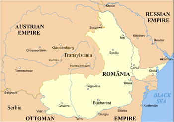 The United Principalities (Romania) 1859–1878, shown in light beige