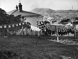 Rugby jerseys drying, Wellington c. 1930s Rugby jerseys drying on washing lines, Wellington, ca 1930s.jpg