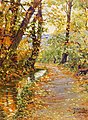Peinture d'un sentier bordé d'un ruisseau entre des arbres aux couleurs d'automne