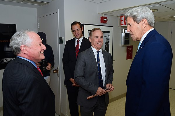 U.S. Secretary of State John Kerry with Kristol and former DNC Chairman Howard Dean before appearing on MSNBC's "Morning Joe" on September 22, 2014