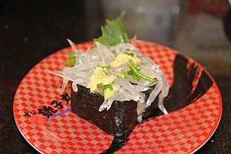 Sushi in Japan with Salangichthys microdon Shirauo gonkanmaki.JPG