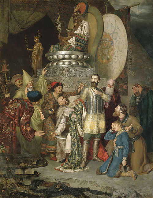 Prince Michael of Chernigov was passed between fires in accordance with ancient Turco-Mongol tradition. Batu Khan ordered him to prostrate himself bef