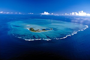 Aerial view of the atoll, with the island of Saint-François in front