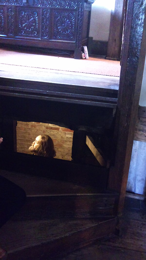 A priest hole in the staircase made by Nicholas Owen in a 16th-century manor-house, Harvington Hall, Worcestershire.