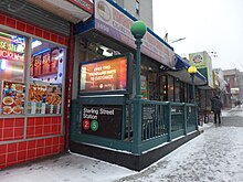 Western entrance to the station Subway entrance sterling snow 20131214.jpg