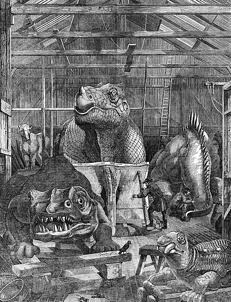 The dinosaur models under construction at Benjamin Waterhouse Hawkins' studio in Sydenham, c. 1853