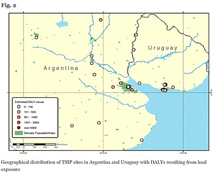 Geographical distribution of TSIP sites in Argentina and Uruguay with DALYs resulting from lead exposure