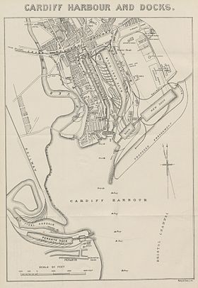 1882 map with Penarth Dock to the south facing Cardiff Docks across Cardiff Harbour TURNER(1882) Cardiff Harbour and Docks.jpg