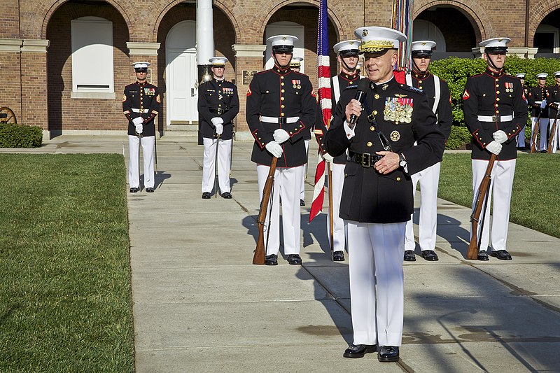 File:The 35th Commandant of the Marine Corps, Gen. James F. Amos, gives an address during the retirement ceremony for Gen. George J. Flynn, not shown, at Marine Barracks Washington in Washington, D.C., May 9, 2013 130509-M-LU710-244.jpg