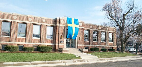 On day of The Big Chill at the Big House game, the University of Michigan displays its appreciation of Hagelin by hanging a Swedish flag on campus bui