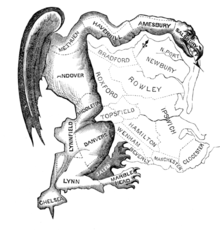 The word "gerrymander", originally written as "Gerry-mander", was used for the first time in the Boston Gazette on March 26, 1812. Appearing with the term, and helping spread and sustain its popularity, was this political cartoon, which depicts a state senate district in Essex County, Massachusetts as a strange animal with claws, wings, and a dragon-type head, satirizing the district's odd shape. The Gerry-Mander Edit.png