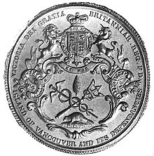 The Great Seal of the Island of Vancouver and its Dependencies was designed by Benjamin Wyon, Chief Engraver of Her Majesty's Seals, c. 1849. The symbolic badge he designed was the basis for the flag of Vancouver Island, which is still unofficially flown today. The Great Seal of Colony of the Island of Vancouver and its Dependencies.jpg