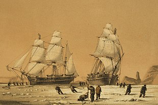 HMS Enterprise and HMS Investigator (right), by Lieutenant W.H. Browne The devils thumb, ships boring and warping in the pack - Lithod. by Chas. Haghe after the original by Lieut. W.H. Browne ; printed by Day & Son. LCCN2003663111 (cropped).jpg