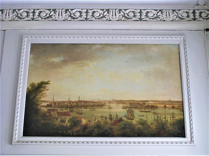 File:Tullgarns slott, garderoben, dörröverstycke, Stockholmsvy från 1780-talet av Elias Martin, 2019a.jpg