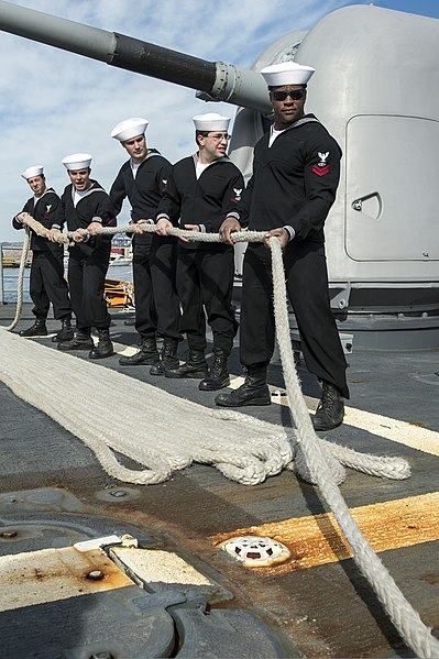 File:U.S. Sailors handle mooring line aboard the guided missile cruiser USS Philippine Sea (CG 58) as the ship pulls into Piraeus, Greece, for a scheduled liberty port visit March 4, 2014 140304-N-PJ969-360.jpg
