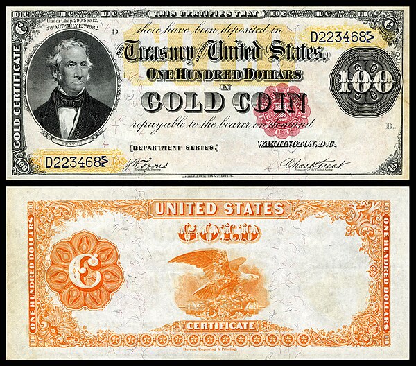 Benton depicted on an 1882 $100 Gold certificate