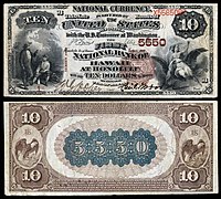$10 National Bank Note issued by the First National Bank of Hawaii in Honolulu US-NBN-HI-Honolulu-5550-1882BB-10-1-B.jpg