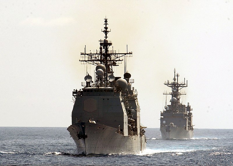 File:US Navy 030420-N-6141B-001 The guided missile cruiser USS Cape St. George (CG 71) and the destroyer USS Deyo (DD 989) steam in formation while awaiting to conduct an underway replenishment (UNREP) with the Military Sea Lift Com.jpg