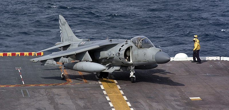 File:US Navy 050214-N-7945K-042 An AV-8B Harrier II- taxis on the flight deck prior to launching from amphibious assault ship USS Nassau (LHA 4).jpg