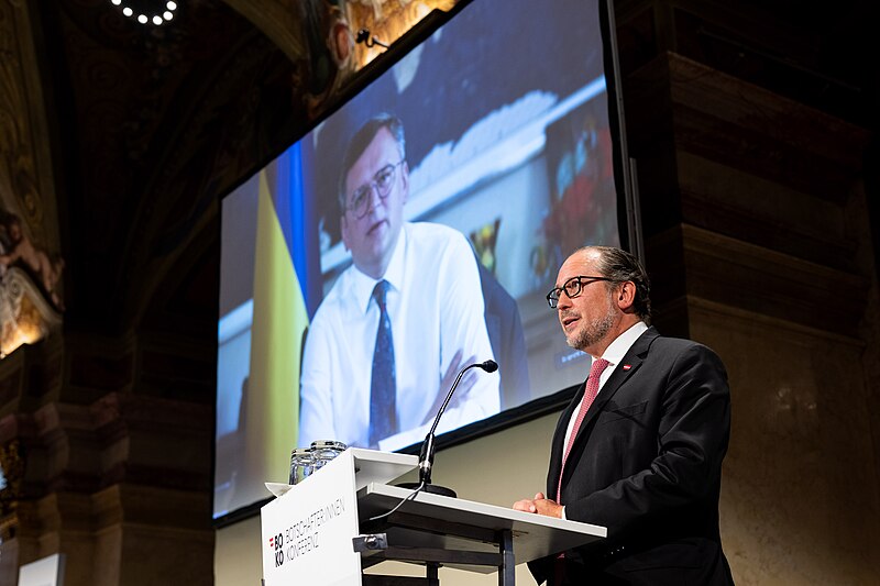 File:Ukraine video conference in Vienna on 4 September 2023 - Außenminister Alexander Schallenberg die Botschafterkonferenz 2023 in Wien.jpg