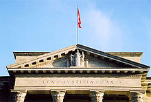 Lex, justitia, pax (Latin for "Law, justice, peace") on the pediment of the Supreme Court of Switzerland VD-04-3.jpg