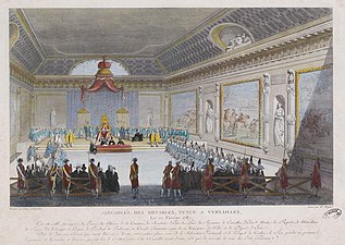 Assemblée des notables du 22 février 1787, estampe au burin mise en couleur, gravée d'après un dessin de Very et Abraham Girardet (fin du XVIIIe siècle).