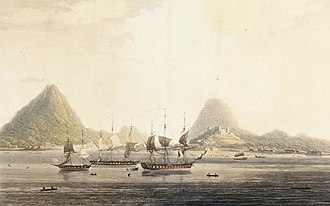 View of Banda Neira, depicting three of the four ships used to capture the island from the Dutch in 1810, from a sketch by Capt. Cole of HMS Caroline View of the Island of Banda-Neira. E.Long. 128. 5. S.Lat. 4. 50. CSK 2001.jpg
