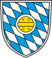 Gemeinde Großaitingen In von Weiß und Blau gerautetem Schild eine goldene Kugel mit innerer Einfasslinie und Querstrich (Reichsapfel).