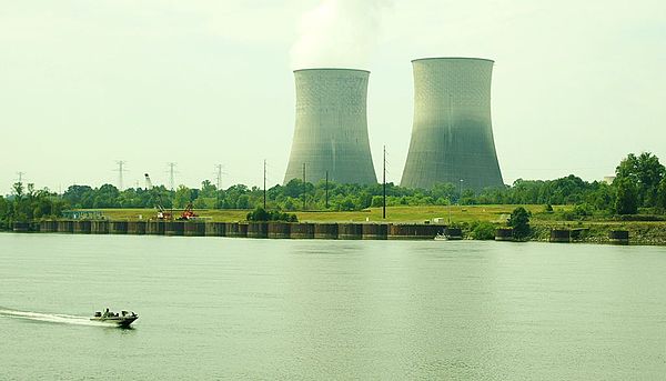 The cooling towers of Watts Bar Nuclear Generating Station, with the Tennessee River in the foreground