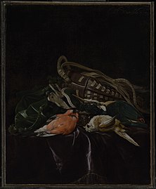 Riista-asetelma. Kuolleita lintuja ja laukku, 1674, Getty Center, Los Angeles.