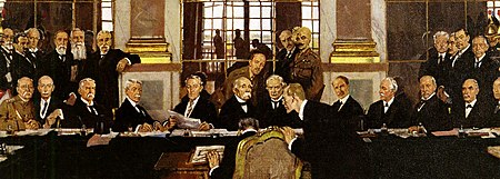 Detail from William Orpen's painting The Signing of Peace in the Hall of Mirrors, Versailles, 28 June 1919, showing the signing of the peace treaty by a minor German official opposite to the representatives of the winning powers. William Orpen - The Signing of Peace in the Hall of Mirrors, Versailles 1919, Ausschnitt.jpg